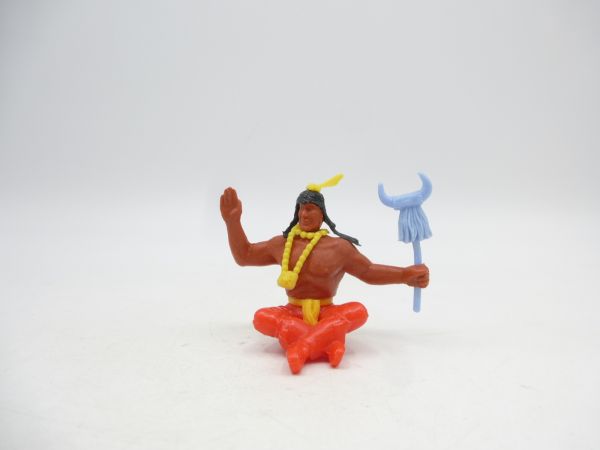 Timpo Toys Indianer 2. Version sitzend mit Stammeszeichen, hellblau