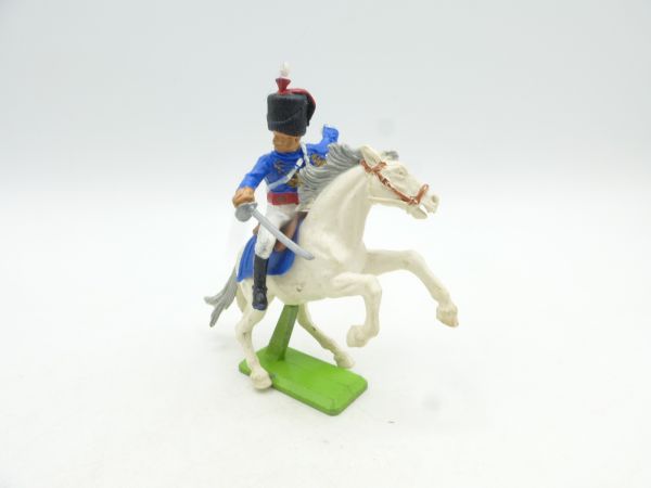 Britains Deetail Waterloo soldier on horseback, sabre sideways, blue uniform