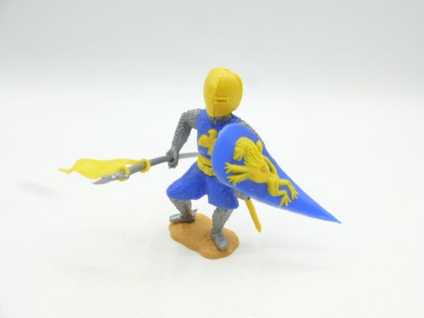 Timpo Toys Medieval knight with flag + shield, medium blue/yellow
