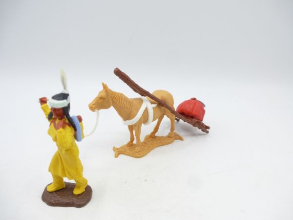 Timpo Toys Indianerin mit Travois (rotes Gepäckstück)