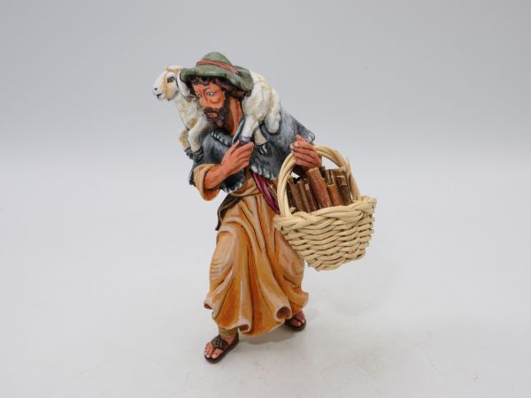 Shepherd with shoulder sheep, 7 cm wooden figure from "The Royal Crib" series