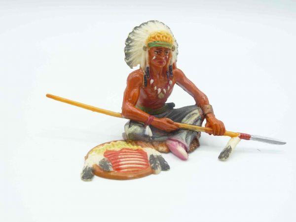 Elastolin 7 cm Chief sitting with spear + shield, No. 6838, painting 1 - painting see photos
