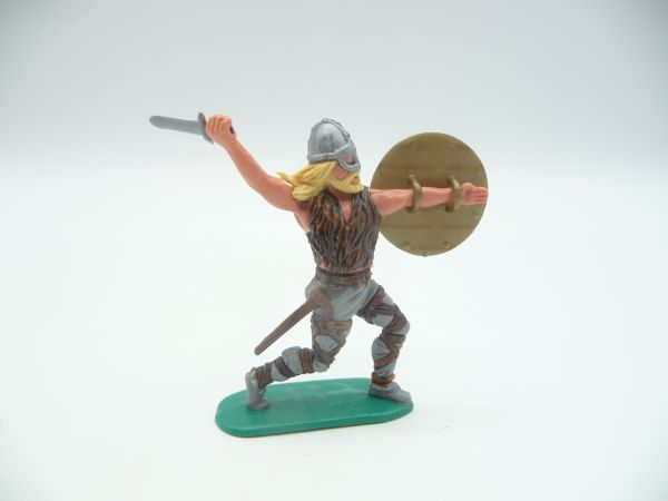 Timpo Toys Wikinger mit Helmvisier, mit Schwert angreifend, goldenes Schild