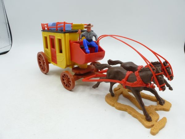 Timpo Toys Postkutsche, braune Pferde mit rotem Zaumzeug