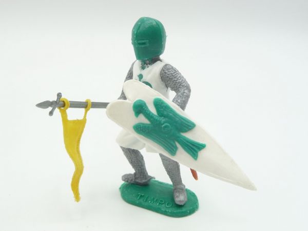 Timpo Toys Medieval knight standing with flag, white/green, green head