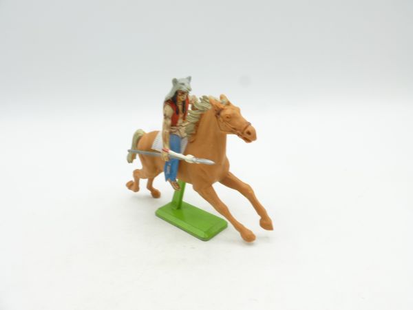 Britains Deetail Indian riding with bearskin (grey), spear sideways