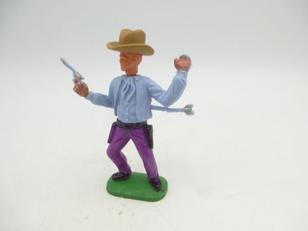 Timpo Toys Cowboy 1. Version von Pfeil getroffen, hellblau, beiger Hut