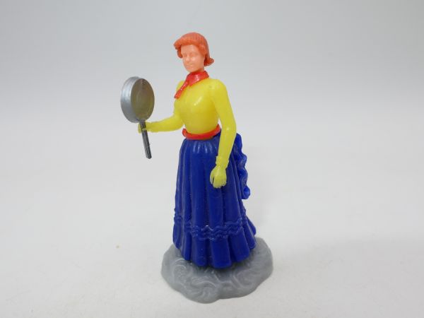 Elastolin 5,4 cm Barmaid yellow, blue skirt with frying pan