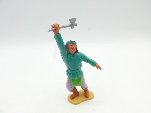 Timpo Toys Apache standing green, holding tomahawk above