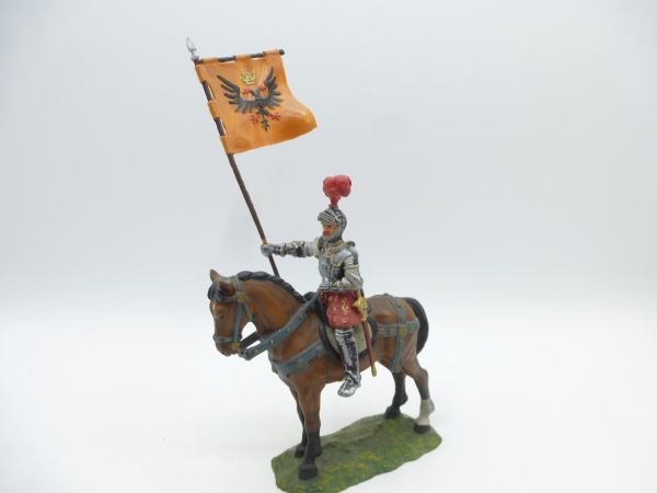Elastolin 7 cm Banner bearer on a standing horse, No. 9075