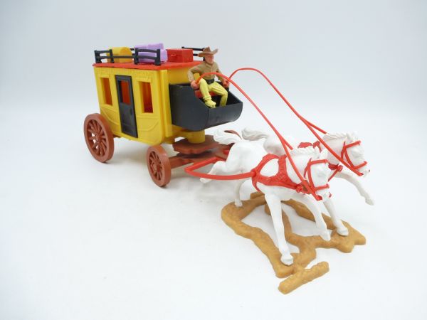 Timpo Toys Postkutsche 2. Version (weiße Pferde, rotes Zaumzeug)