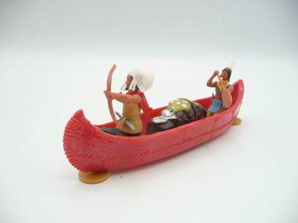 Elastolin 5,4 cm Indian canoe (red) with 2 Indians + cargo - brand new, incl. metal bracket
