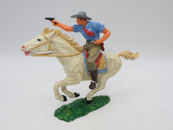 Elastolin 7 cm Cowboy zu Pferd mit Pistole, Nr. 6992 - frühe Figur, frühes Pferd