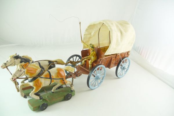 Elastolin 7 cm Old covered wagon made of sheet metal with composition horses, No. 7702
