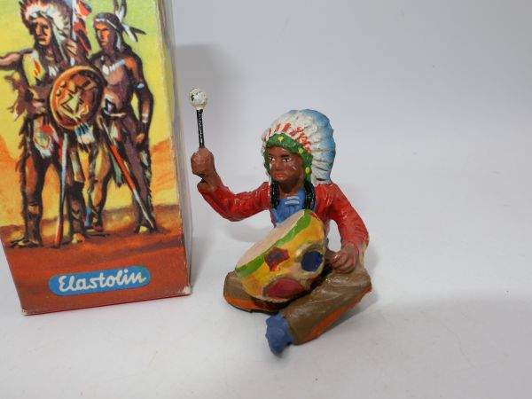 Elastolin compound Chief sitting with drum, No. 6836 - orig. packaging (drawn box)