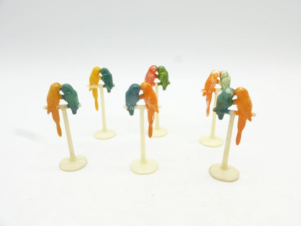 Margarine figures 6 parrot couples on pole - painted, s. photo