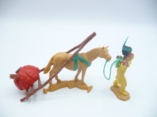 Timpo Toys Indianerin mit Travois, grünes Zaumzeug, rotes Gepäckstück