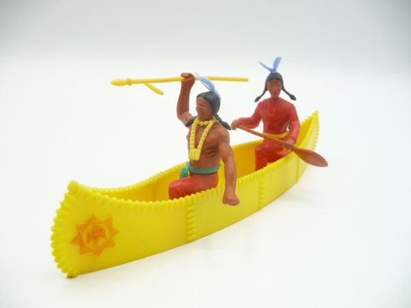Timpo Toys Canoe with 2 Indians, bright yellow with red emblem