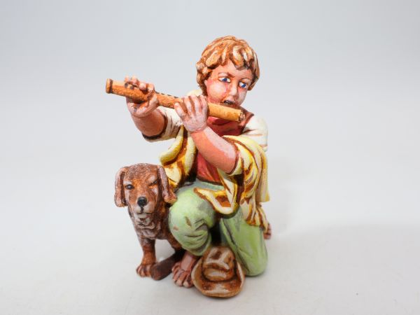 Boy with flute + dog, 7 cm wooden figure from "The Royal Crib" series