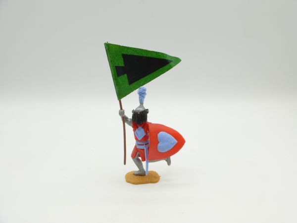 Timpo Toys Visierritter rot/hellblau laufend mit seltener Originalfahne