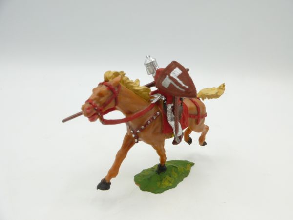 Elastolin 4 cm Norman with lance on horseback, No. 8855, red - nice figure
