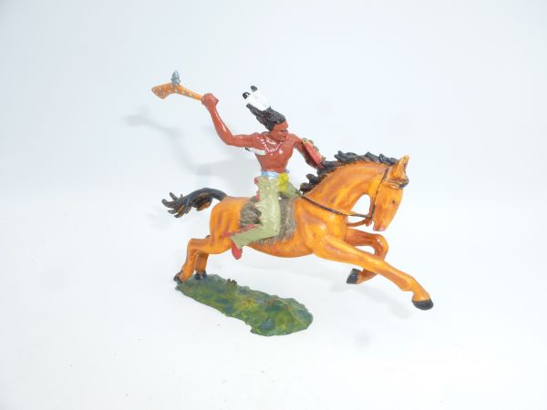 Elastolin 7 cm Indianer zu Pferd mit Keule, 2a Bemalung - seltenes Pferd