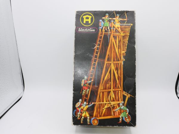 Elastolin 4 cm Siege tower - orig. packaging, 1 spoke missing on a turning wheel