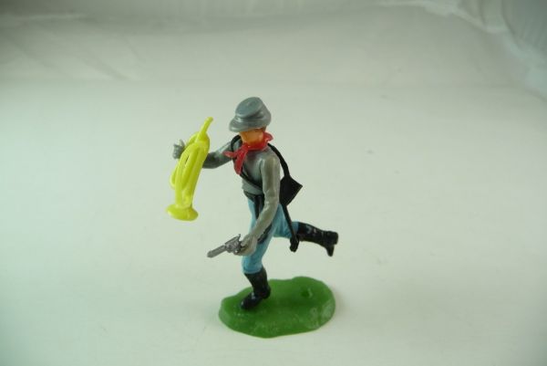 Elastolin Confederate Army soldier running, soldier with pistol and trumpet
