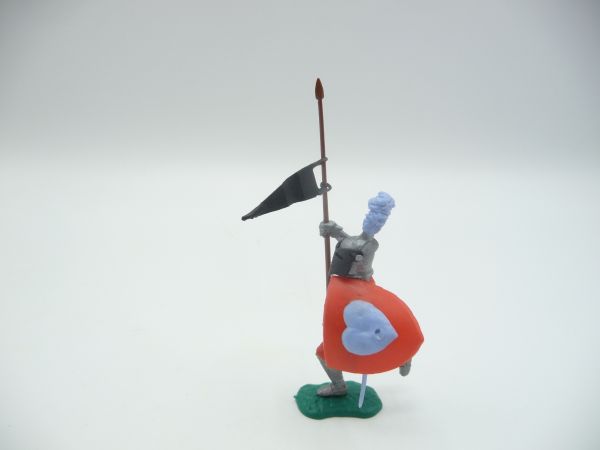 Timpo Toys Visierritter rot/hellblau laufend mit kleiner schwarzer Fahne