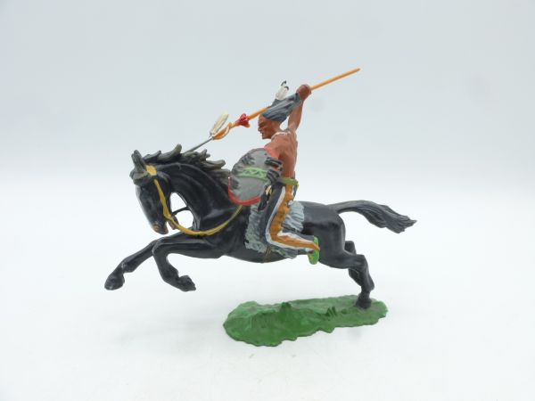 Elastolin 7 cm Indianer zu Pferd mit Speer, Nr. 6853, dunkelblaue Hose