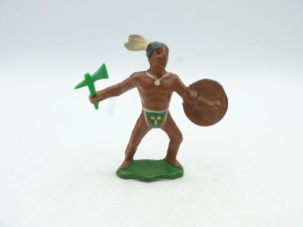 Indian standing with green tomahawk + shield