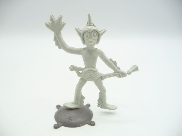 Alien standing with weapon, hand raised, light grey