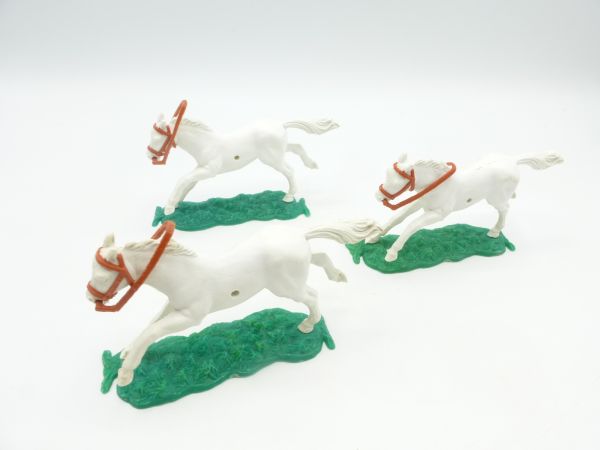 Timpo Toys 3 Pferde, weiß, langlaufend mit braunem Zaumzeug / Zügel