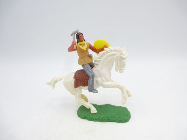 Elastolin 5,4 cm Indianer zu Pferd mit Tomahawk + Schild, weitere Waffe im Gurt