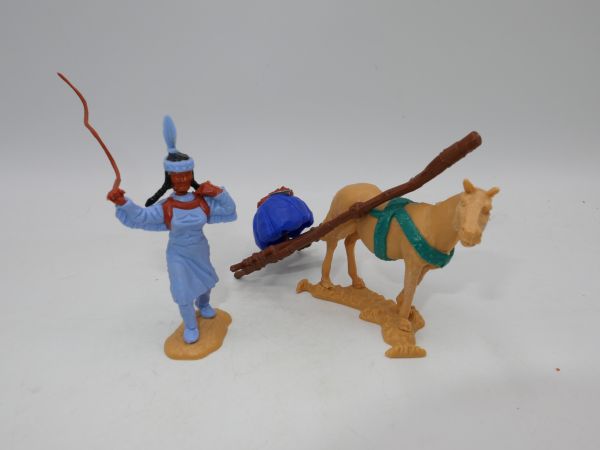 Timpo Toys Indianerin mit Peitsche + Pferd mit Traglast - seltene blaue Decke