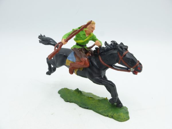 Elastolin 4 cm Cowboy zu Pferd mit Gewehr, Nr. 6990, neongrünes Hemd