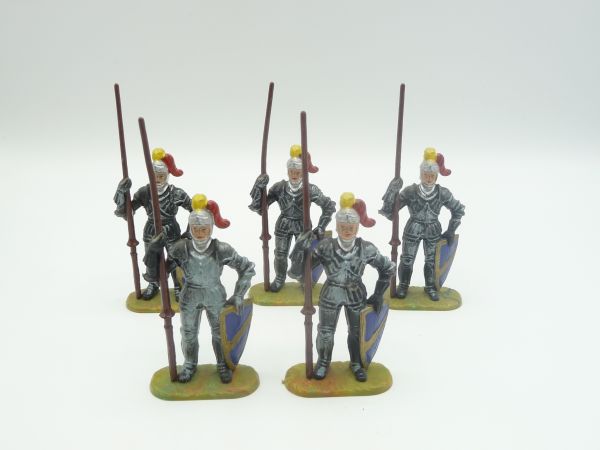 Elastolin 7 cm 5 Ritter stehend mit Lanze, schwarze Rüstungen, Nr. 89327 - sehr guter Zustand