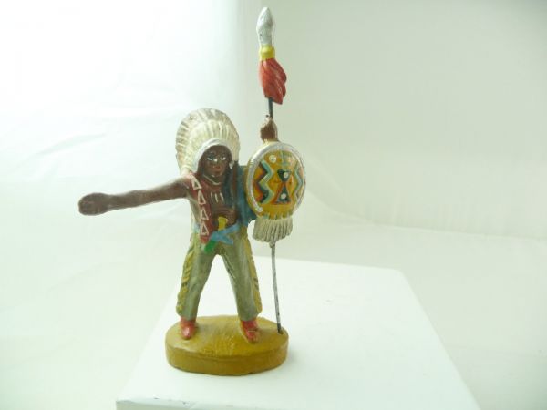 Hopf Indian chief standing with spear + shield - nice painting