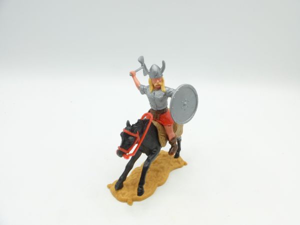 Timpo Toys Viking on horseback with battle axe, silver shield, blond hair