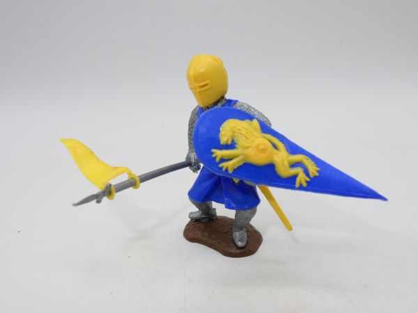 Timpo Toys Mittelalterritter blau/gelb, stehend mit Fahne - Schildschlaufen ok