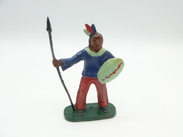 Indian with spear + shield in front of the body, dark blue tunic