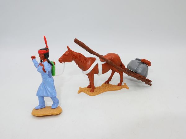Timpo Toys Indianerin mit Travois - seltenes geradeaus schauendes braunes Pferd