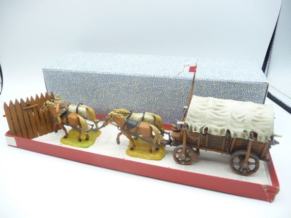 Elastolin 4 cm Chariot, four-horse carriage - complete, in great old box, very good condition
