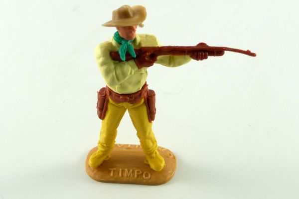 Timpo Toys Cowboy dunkelgelbes Unterteil brauner Gurt 2. Version beide Beine eng zusammen