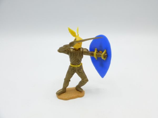 Timpo Toys Goldritter zu Fuß, gelber Kopf, blaues Schild