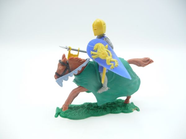 Timpo Toys Medieval knight on horseback, blue/yellow with flag - loops ok