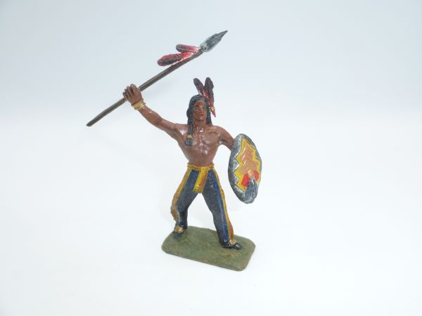 Indianerhäuptling stehend mit Speer + Schild (9 cm Höhe) - selten