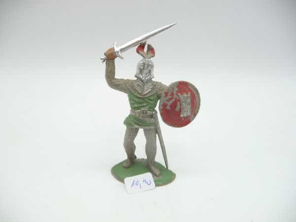 Timpo Toys Ritter mit Schwert über dem Kopf + Schild, grün/rot - leicht bespielt