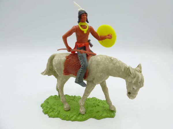 Elastolin 7 cm Indianer reitend mit Speer + Schild (+ Tomahawk im Gurt)