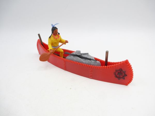 Timpo Toys Kanu (rot mit schwarzem Emblem) mit Indianer + Ladung